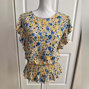 Ann Taylor - Yellow & Blue Floral Ruffle Sleeve Top (medium)